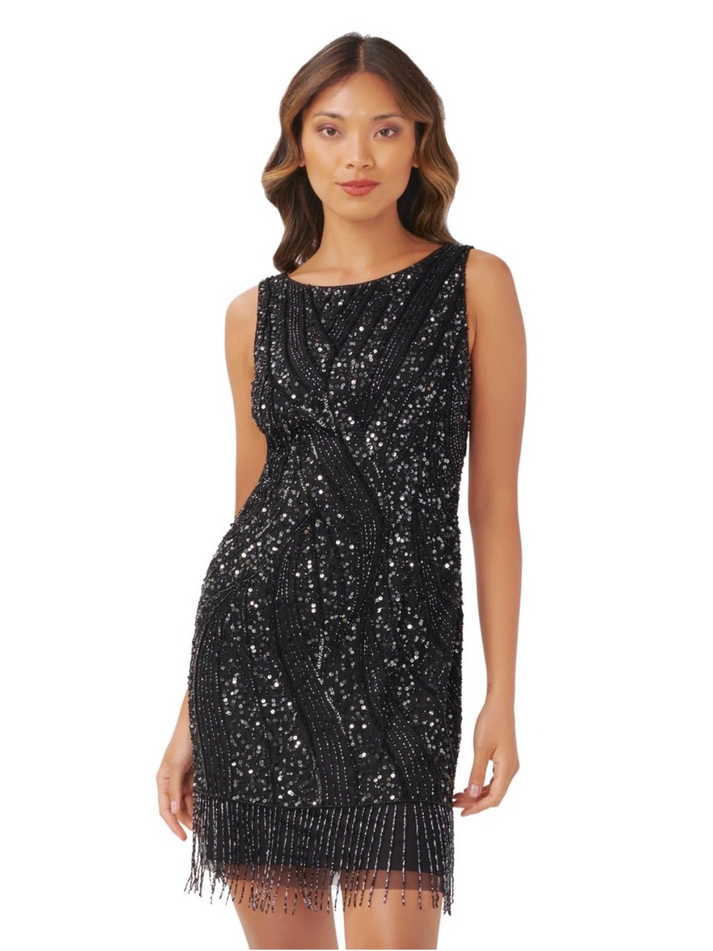 Adrianna Papell | Black Sequin, Bead Fringe Evening Dress, Size 8